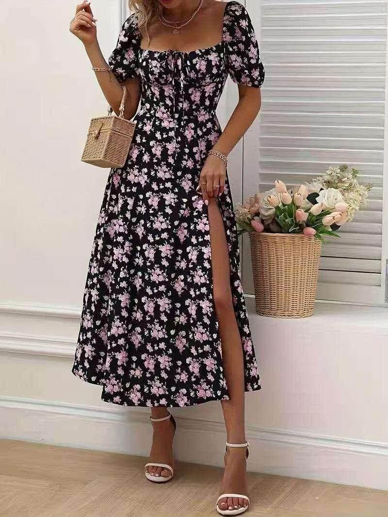 Floral Split Maxi Dress with Lace-Up Waist - ZA-Zola
