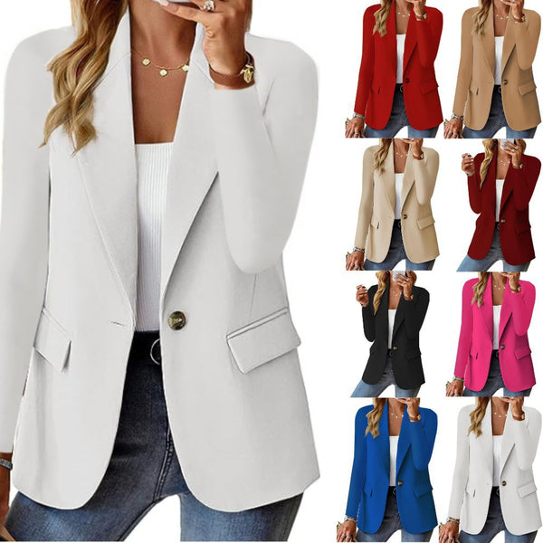 White blazer worn by a person with color options displayed below.