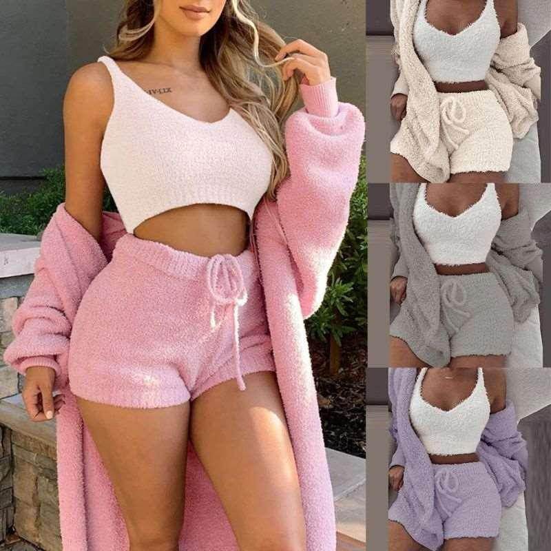 Woman modeling ZA-Zola cozy lounge set with tank top, shorts, cardigan in pastel colors