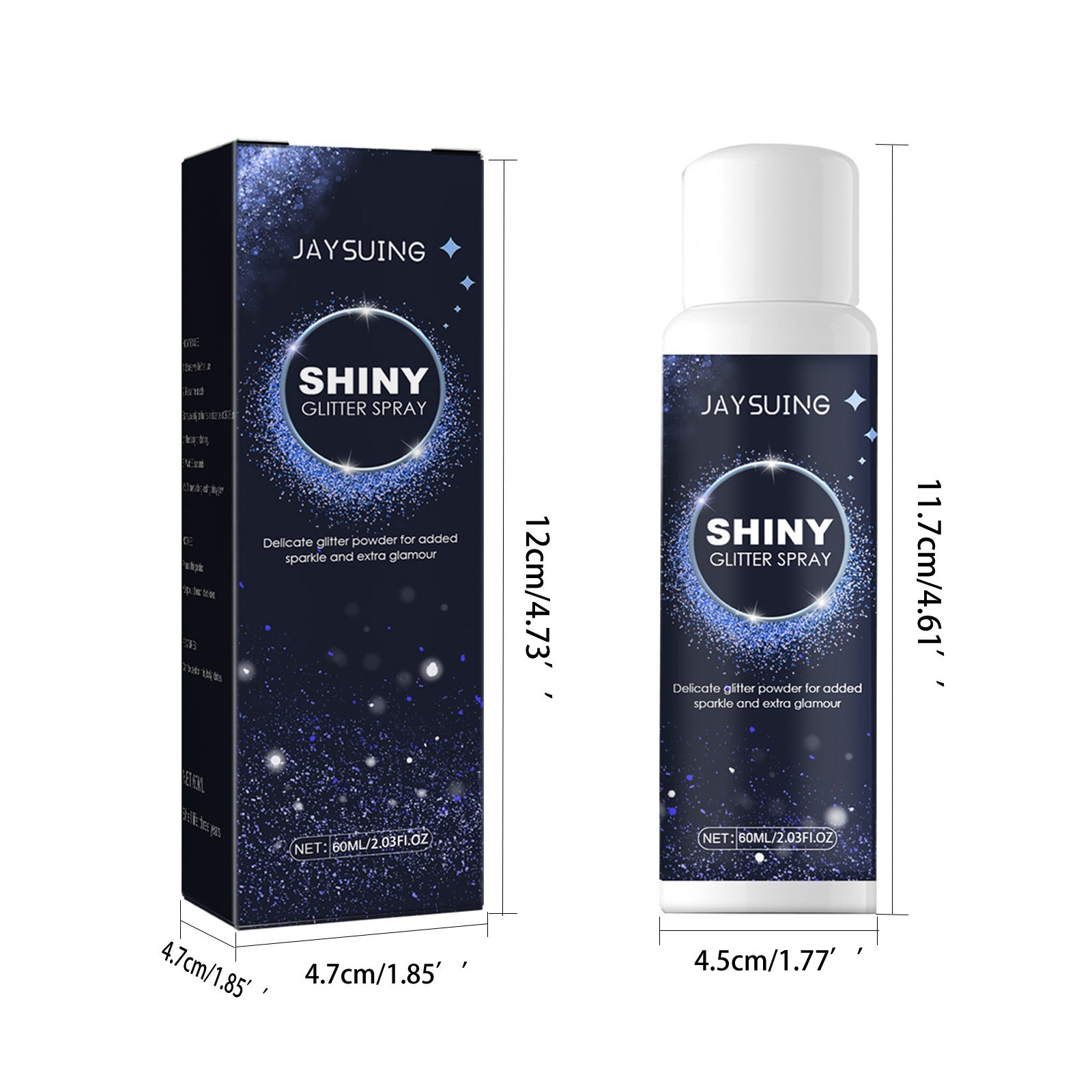 Jaysuing Shiny Glitter Spray packaging and bottle with dimensions on a white background