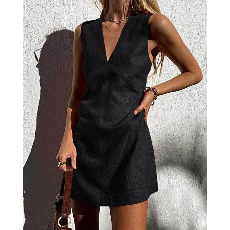 Women's V-Neck Cotton Linen Sleeveless Dress | ZA-Zola - ZA-Zola