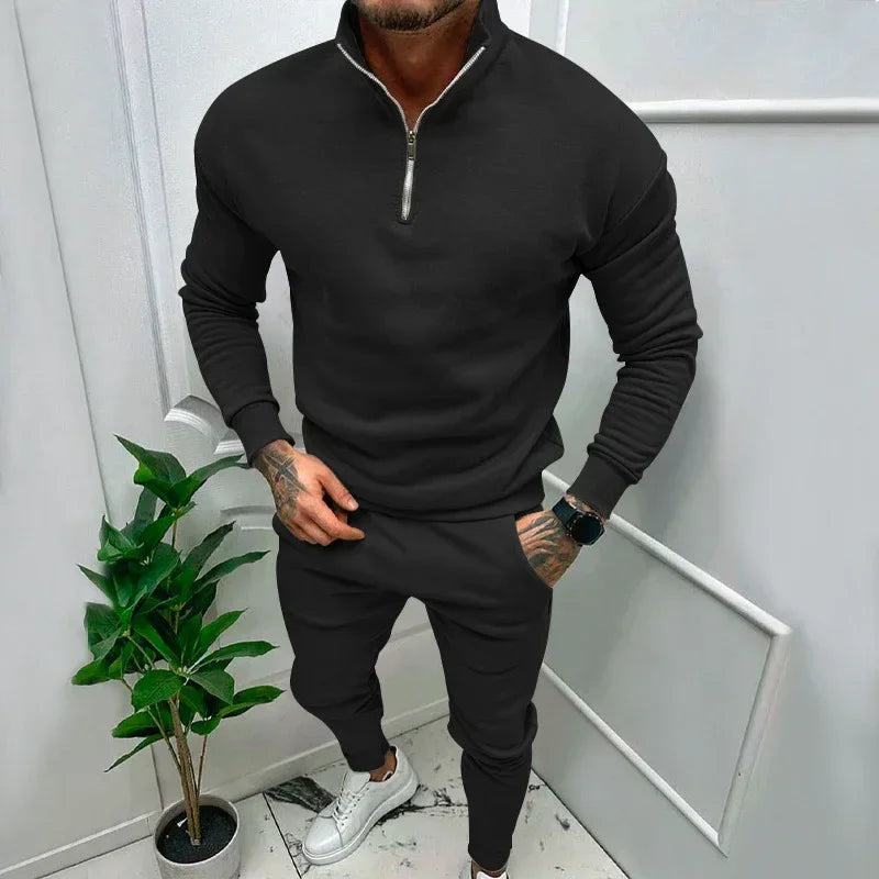 Men’s Casual Fleece Suit – Solid Color Top & Trousers - ZA-Zola