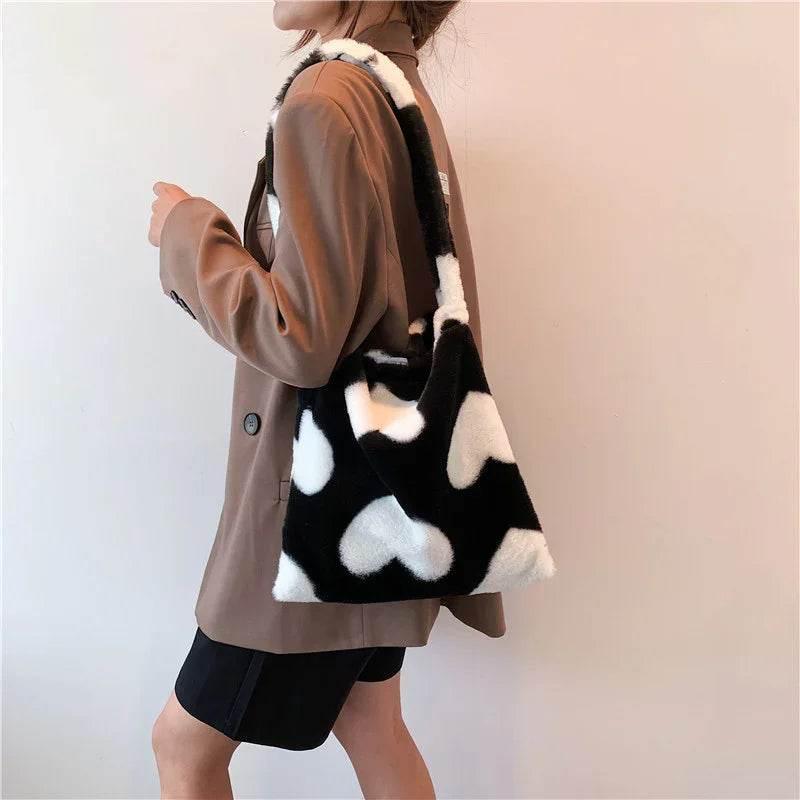 Love Heart Plush Shopping Bag | Winter Shoulder Bag - ZA-Zola