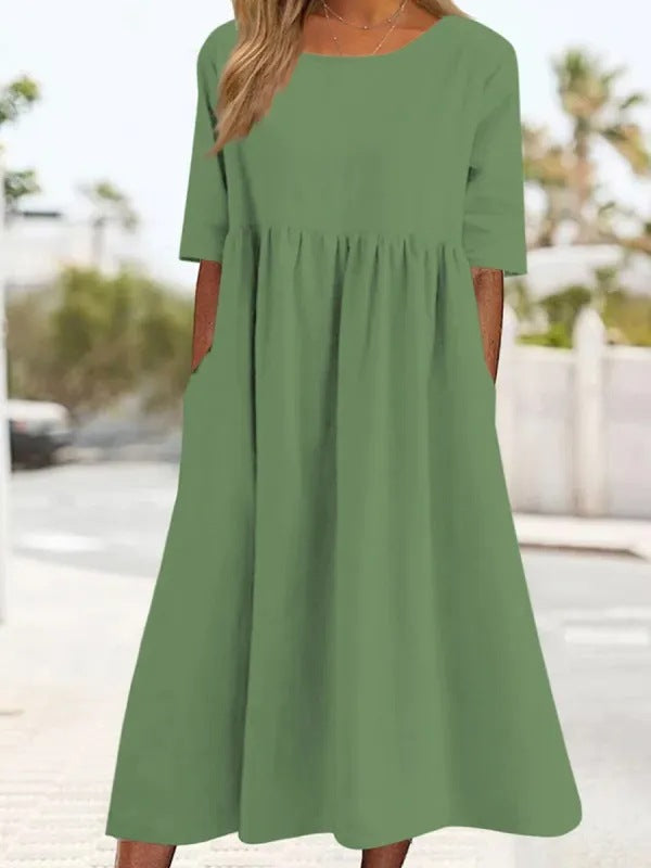 Women’s Casual Cotton Linen Short Sleeve Pocket Dress