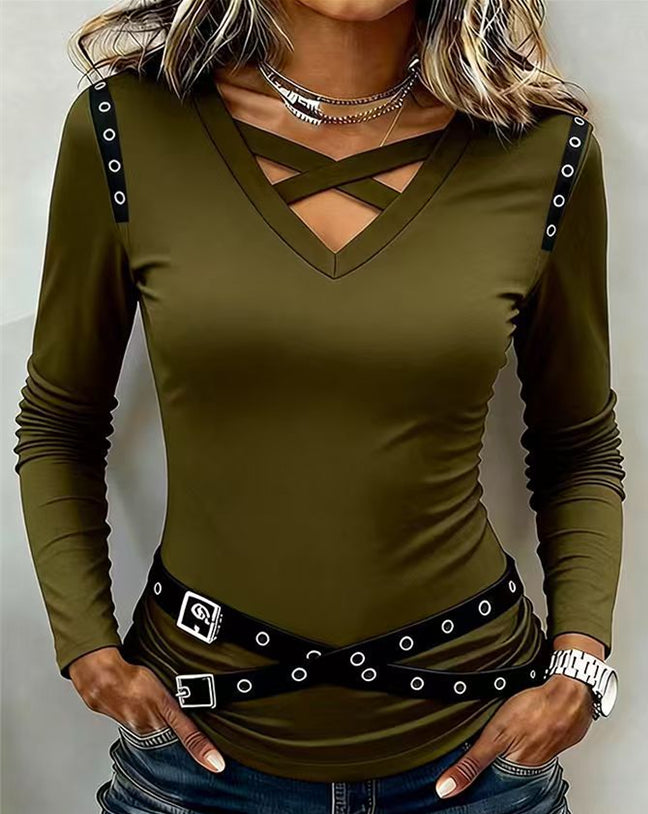 Women’s Casual V Neck Top | Metal Strap Detail