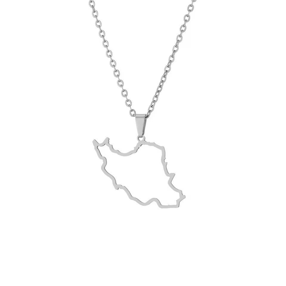 Silver necklace with a map pendant on a white background