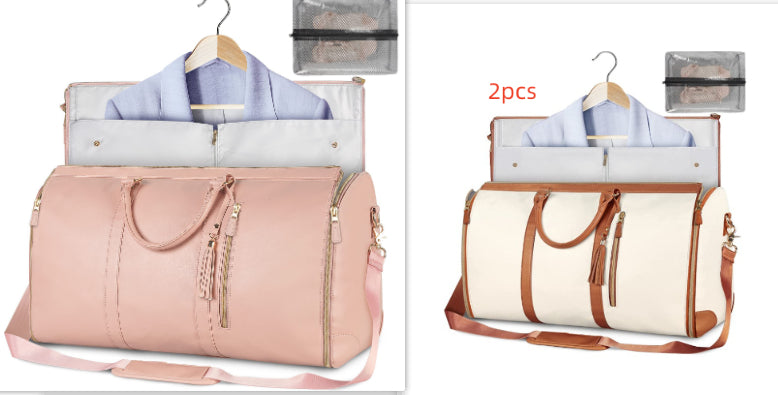 Pink and beige duffel bags with clothes on hangers, labeled '2pcs'.