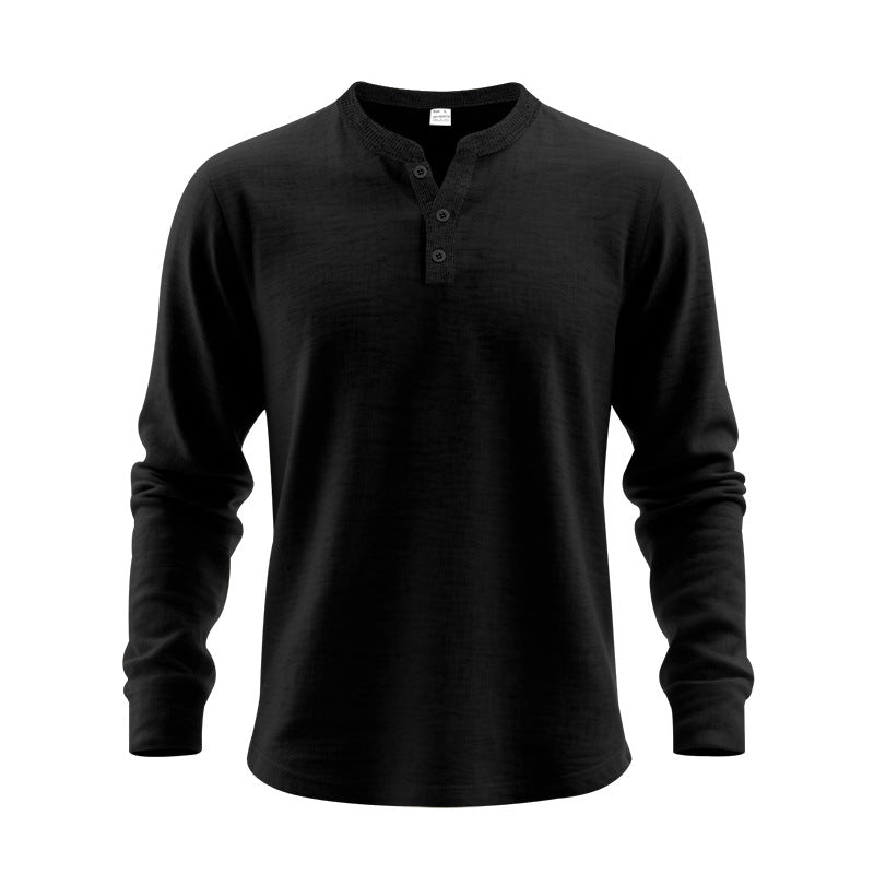 Black long-sleeve henley shirt on a white background