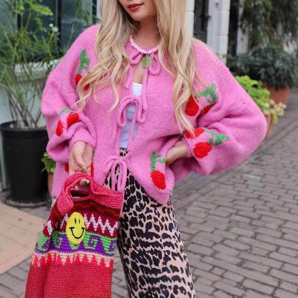Cherry Embroidered Cardigan Sweater Women - ZA-Zola