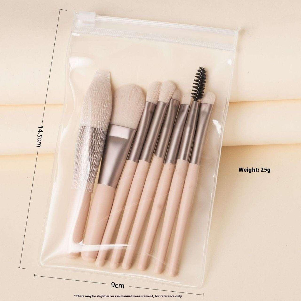 Set of seven nude makeup brushes in clear pouch, cosmetic brush kit with size and weight details