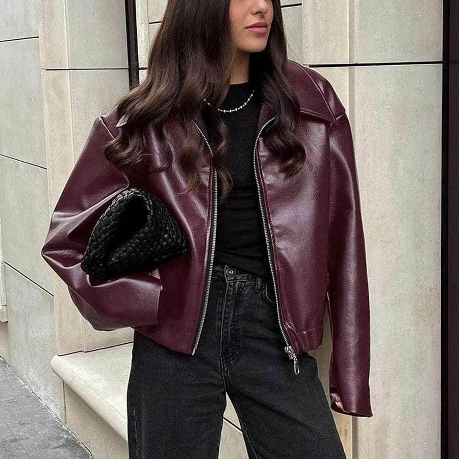 Shop Solid Color Lapel Zipper Jacket for Women | Casual Leather Coat - ZA-Zola