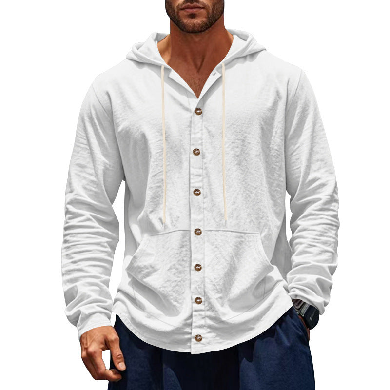 White button-up hoodie worn by a person on a white background