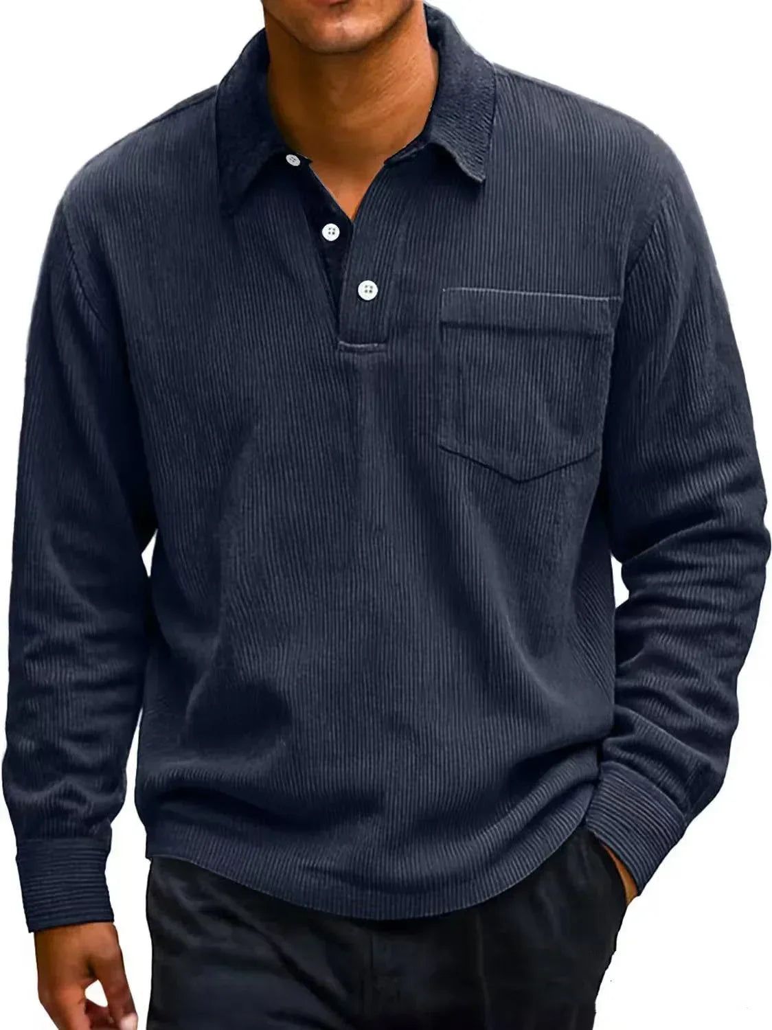 Navy blue corduroy shirt worn by a person on a white background