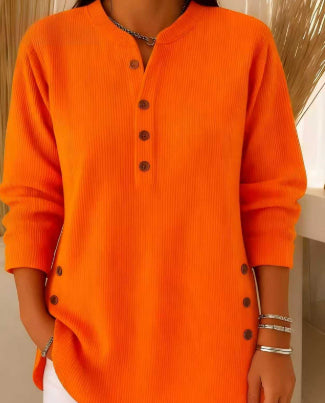V-Neck Button Sweater Top | Women's Long-Sleeved Blouse