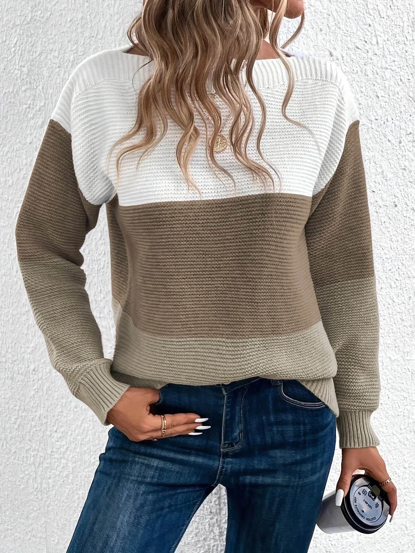 ZA-Zola Women's Round Neck Splicing Knit Sweater - ZA-Zola