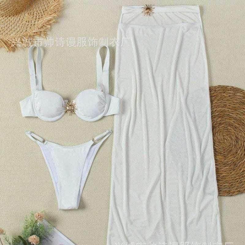 White Banded Bikini – 3-Piece Swimsuit with Skirt - ZA-Zola