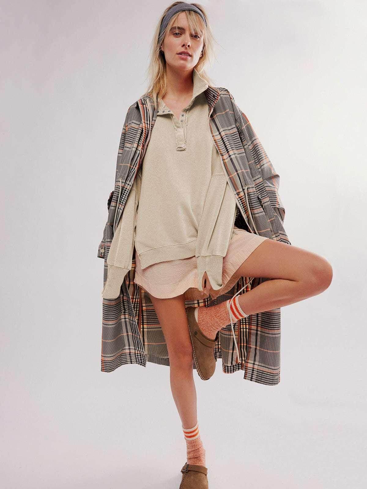 Lapel Button Slit Sweatshirt – Sporty & Stylish - ZA-Zola