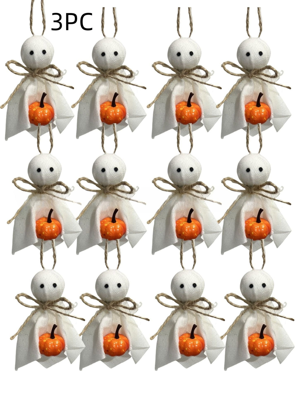 A set of 12 Halloween ghost ornaments arranged in a 3x4 grid on a white background, with the text '3PC' at the top. Each ornament features a white fabric ghost body, a small orange pumpkin, and a brown twine bow.