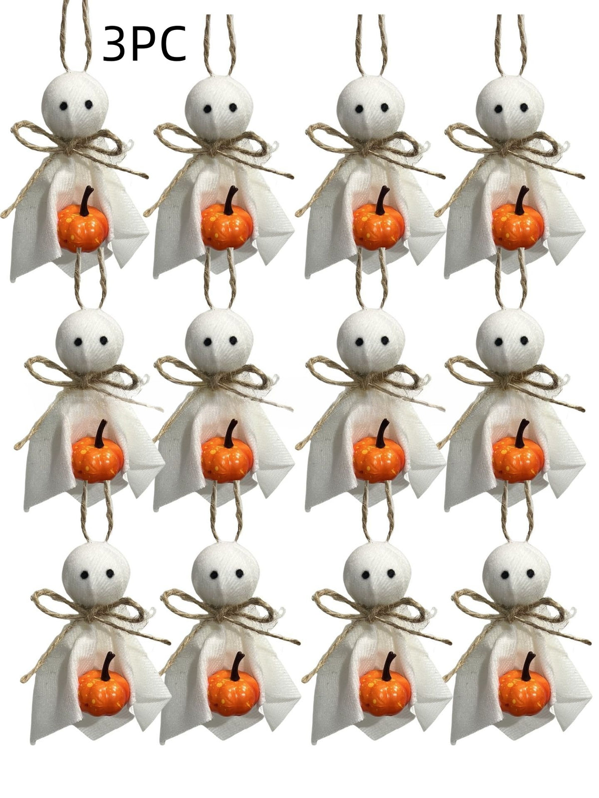 A set of 12 Halloween ghost ornaments arranged in a 3x4 grid on a white background, with the text '3PC' at the top. Each ornament features a white fabric ghost body, a small orange pumpkin, and a brown twine bow.