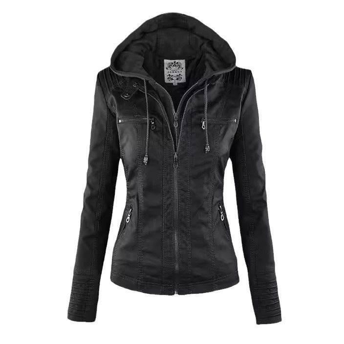 Women’s Zipper Leather Jacket with Detachable Lapel Coat - ZA-Zola