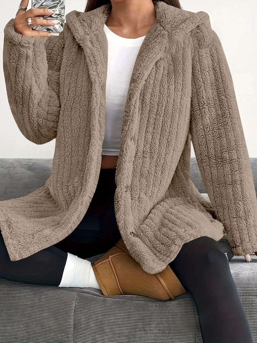 Women’s Hooded Plush Coat – Loose Long Sleeve Jacket - ZA-Zola