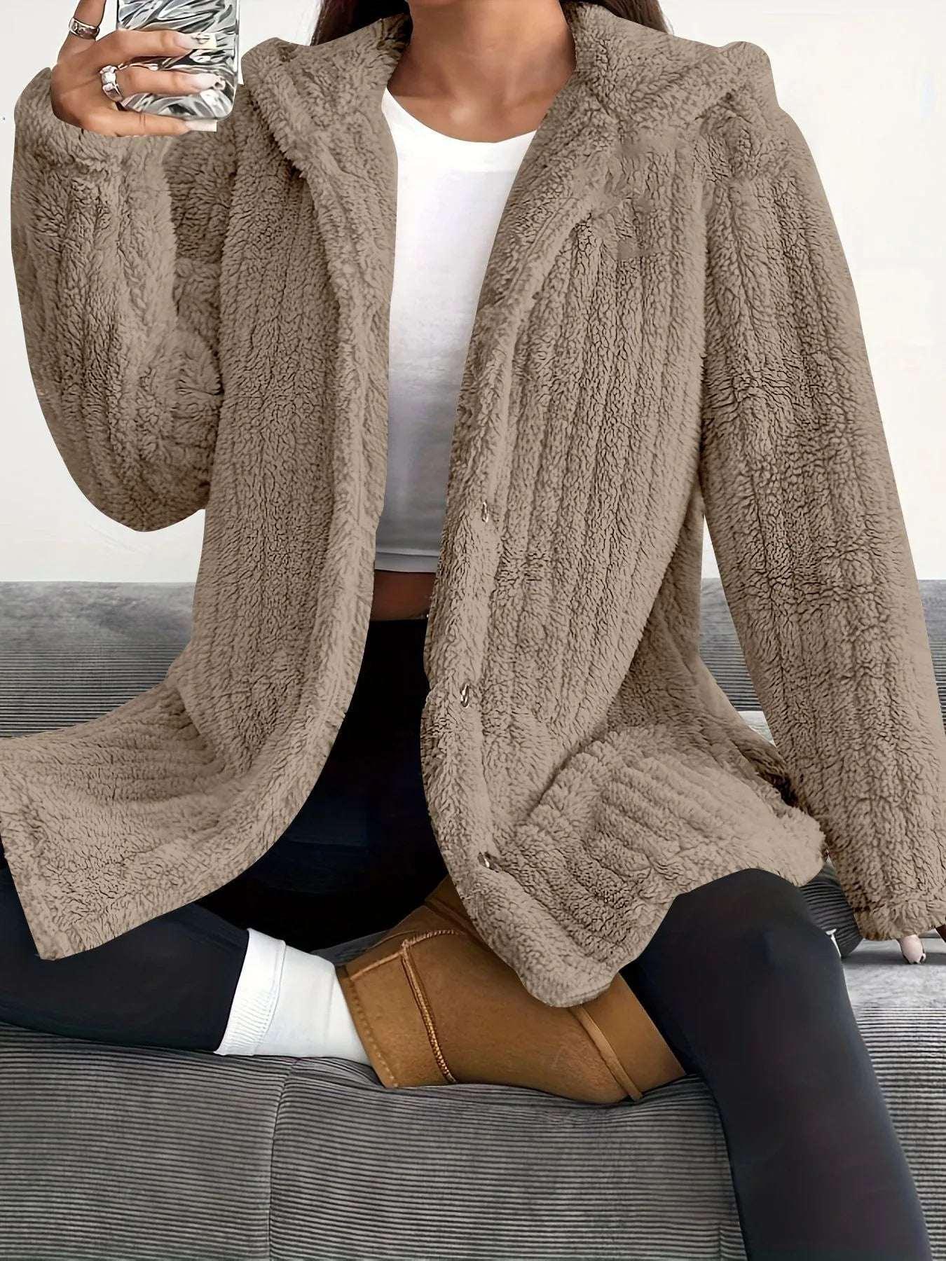 Women’s Hooded Plush Coat – Loose Long Sleeve Jacket - ZA-Zola
