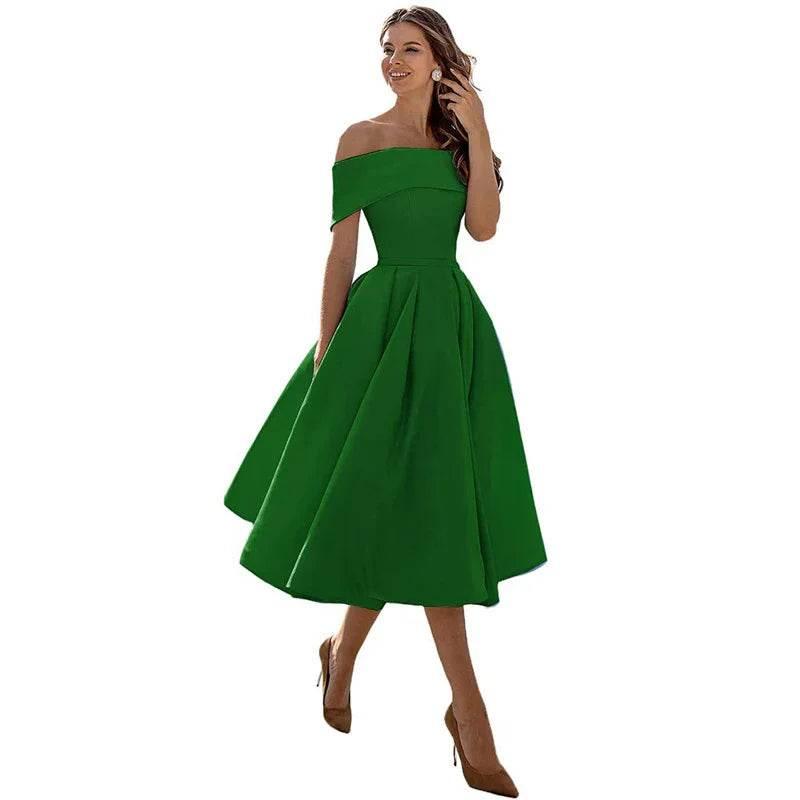 Off-Shoulder Satin Tea-Length Party Dress - ZA-Zola