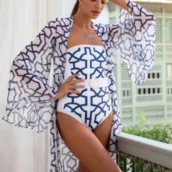 Printed Long Sleeve One-Piece Swimsuit – Floral Design - ZA-Zola
