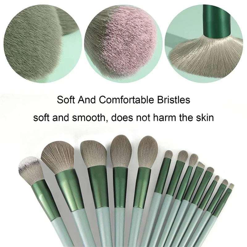 Set of soft bristle makeup brushes in light green, ideal for smooth, gentle application.