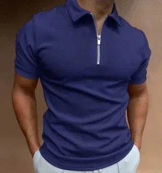 Men's navy blue short sleeve polo shirt with zipper, trendy ZA-Zola fashion style
