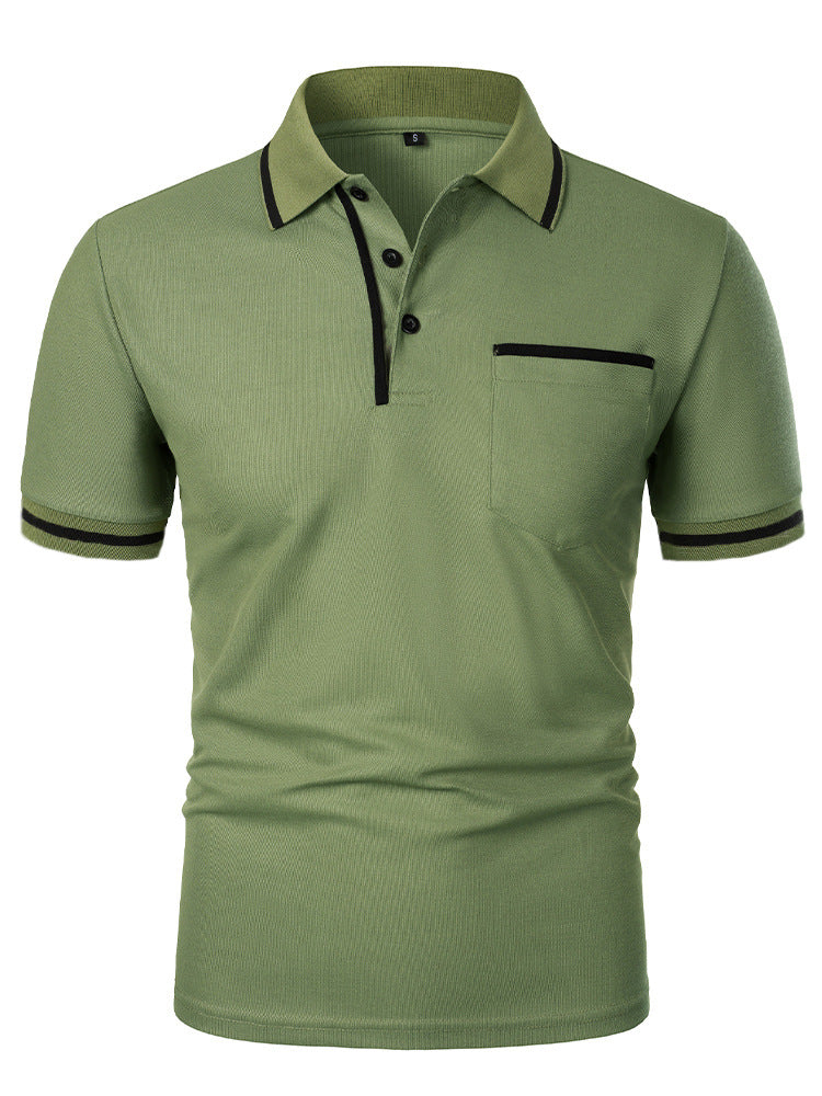 Green polo shirt with black accents on a white background