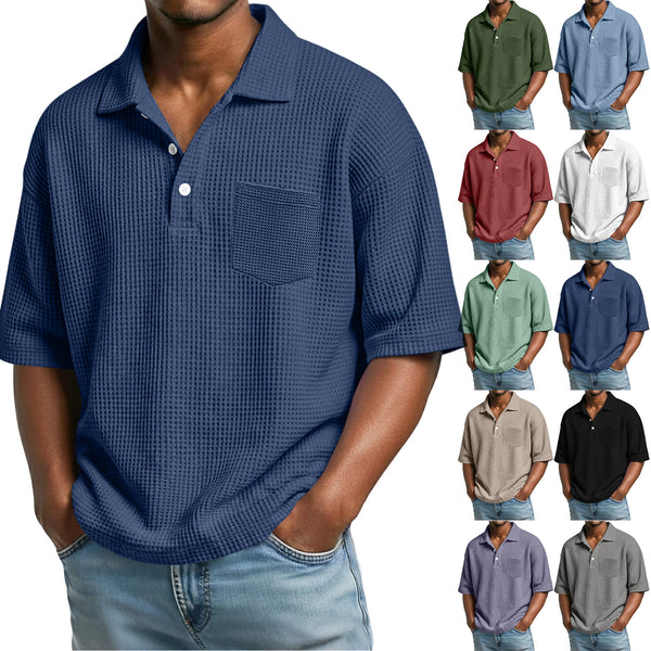 Collage of a man wearing a blue textured polo shirt with multiple color options displayed.