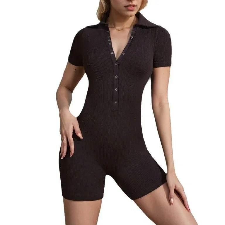 Clinch Open Collar Yoga Jumpsuit – High Elastic Shorts - ZA-Zola