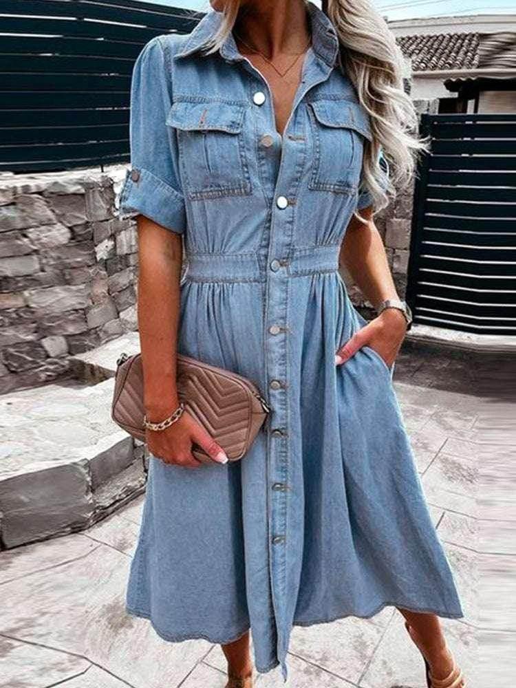Elegant Denim Lapel Dress – Slim Fit & Stylish - ZA-Zola