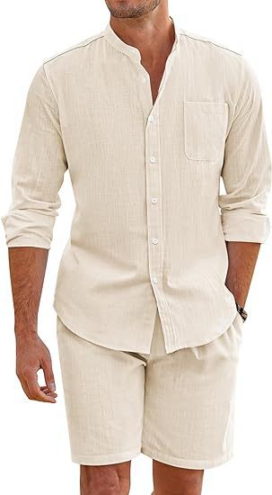 Man wearing a beige linen shirt and shorts set on a white background