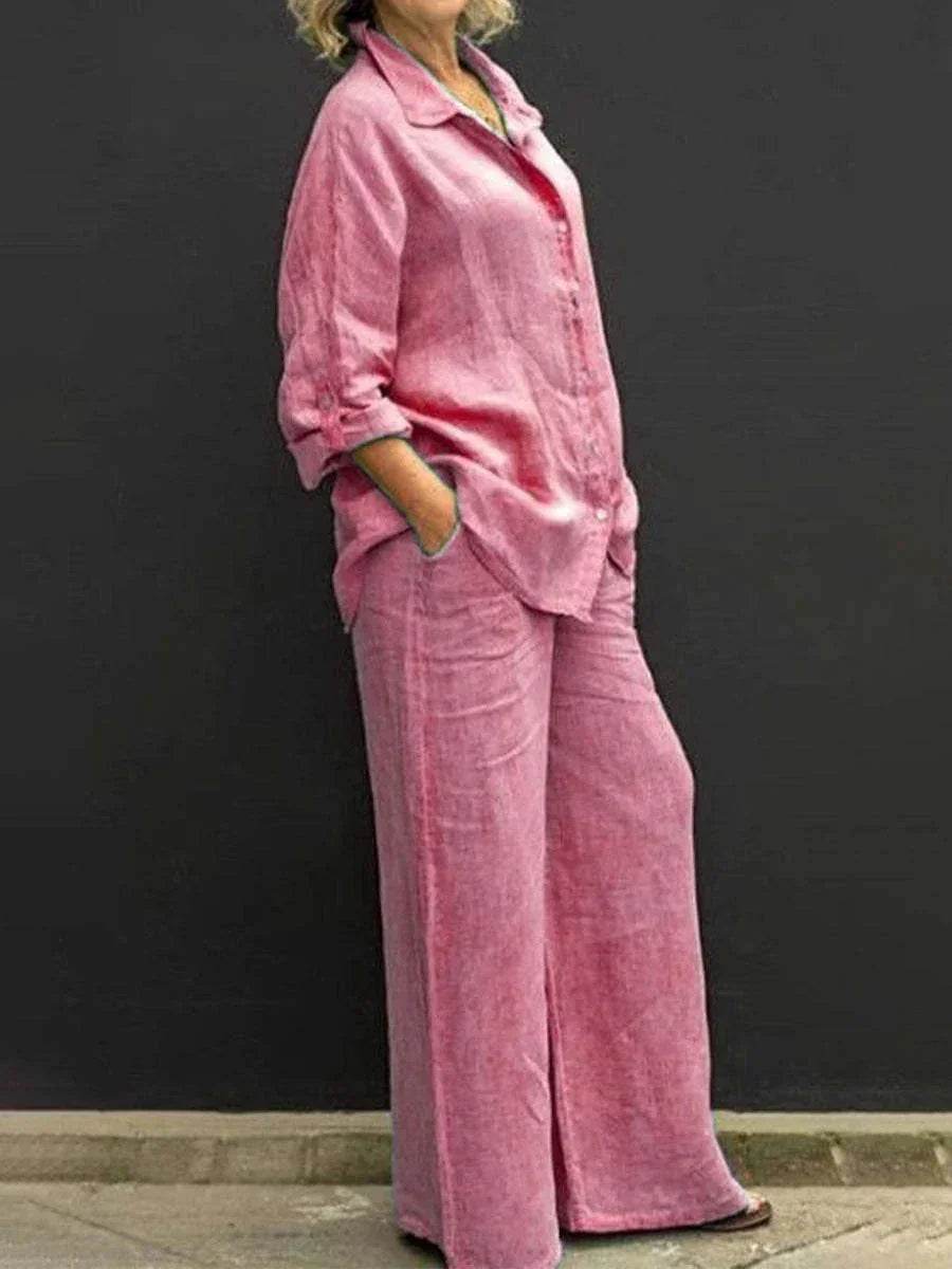 Woman wearing relaxed fit pink linen shirt and wide leg pants, ZA-Zola fashion.