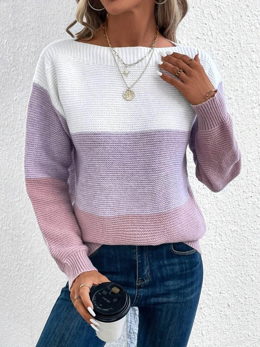 ZA-Zola Women's Round Neck Splicing Knit Sweater - ZA-Zola