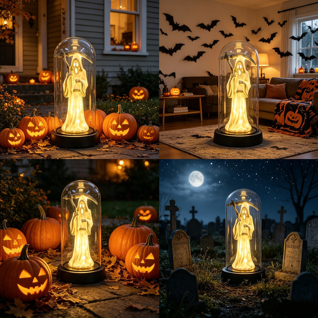 A collage of four lifestyle scenes showing a glowing ghost figurine inside a clear glass dome on a black base, placed outdoors near pumpkins and a house, in a living room, by pumpkins at night, and in a graveyard under a full moon.