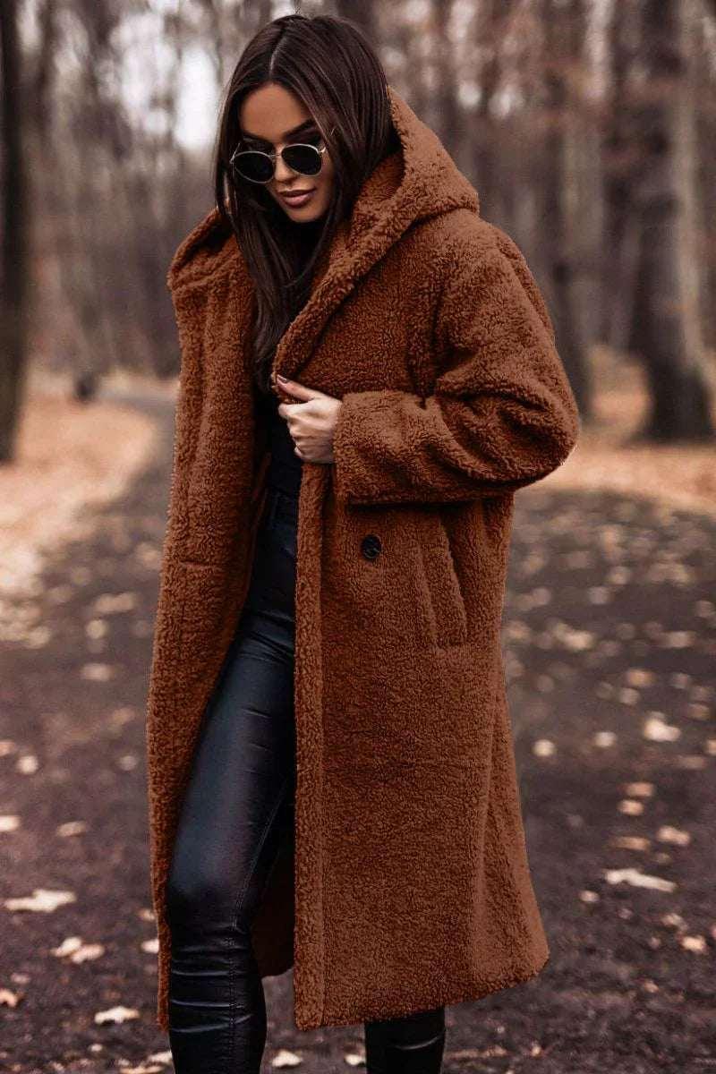 Women Teddy Coat Long Faux Fleece Hooded Winter - ZA-Zola