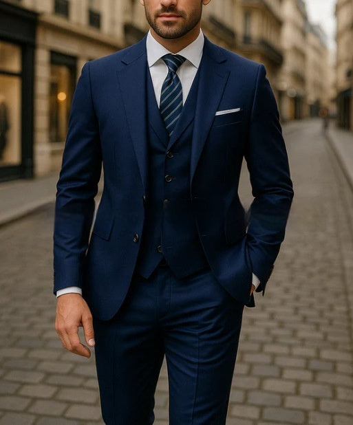 Man wearing a blue suit with a striped tie on a city street.