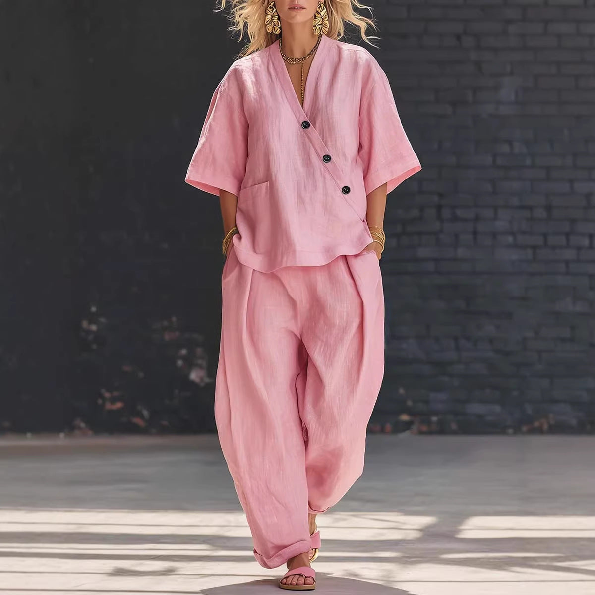 Person wearing a pink outfit standing against a dark brick wall.