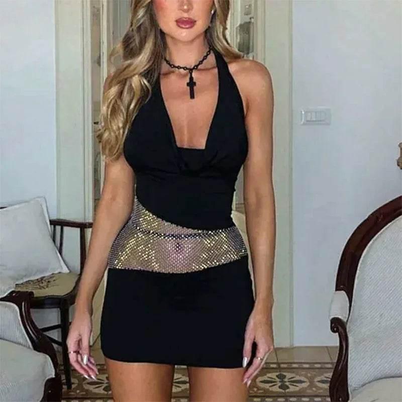 Sexy Slim Deep U-Neck Dress with Sequin Mesh - ZA-Zola - ZA-Zola