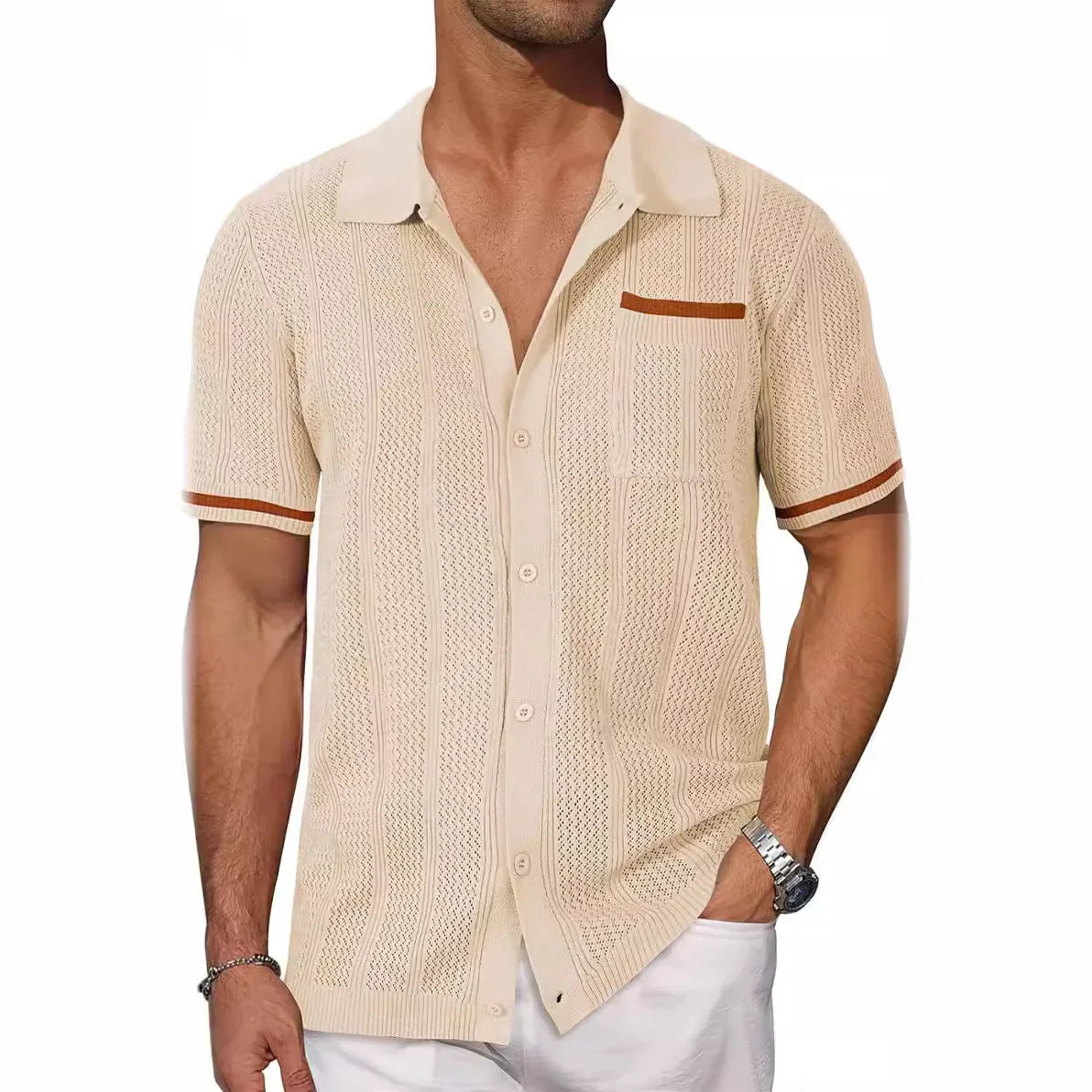 Man wearing a beige knitted shirt with short sleeves on a white background