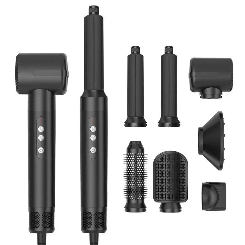 Black multi-functional hair styling tool with interchangeable attachments for curling, drying, and brushing.