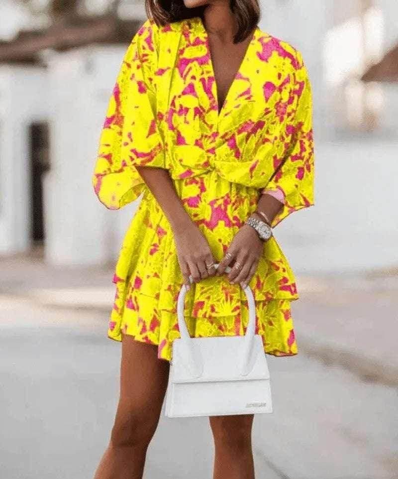 Floral V-Neck Loose Cake Dress – Summer Charm - ZA-Zola
