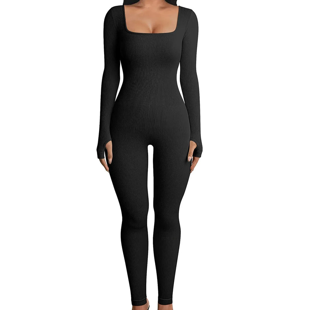 Women Yoga Jumpsuit Square Neck Long Sleeve One-Piece - ZA-Zola