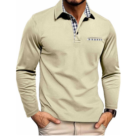 Men’s Plaid Splicing Polo Shirt – Casual Long Sleeve Lapel Top