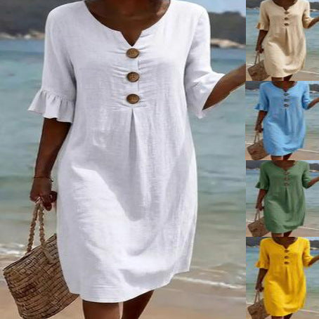 Summer Womens Solid Colored Cotton Dress | Casual A-Line Short Dress for Women