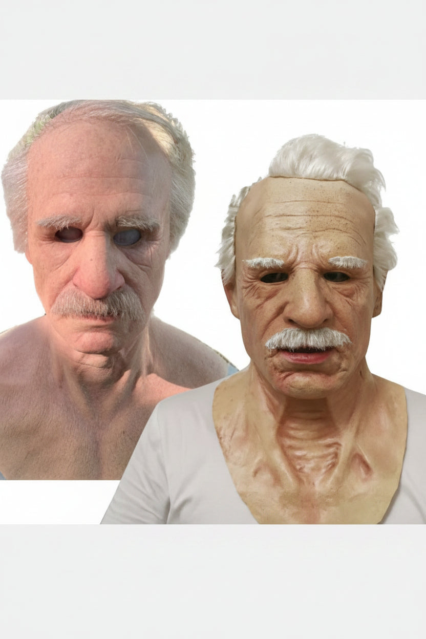 Two views of a realistic latex mask depicting an elderly man with white hair, gray stubble, and realistic skin texture, shown against a white background with a faint Chinese watermark.