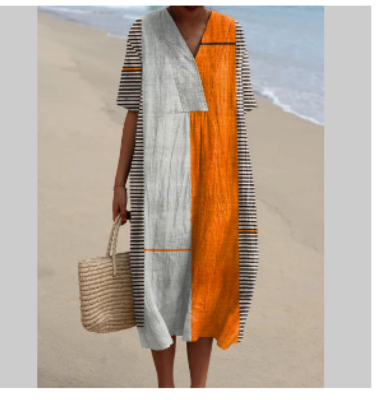 Women Cotton Linen V Neck Solid Color Long Dress Casual Summer Fashion Dress
